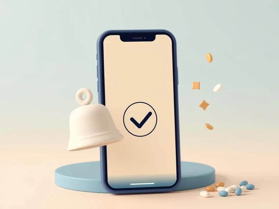 A cream clay bell beside a navy phone showing a checkmark