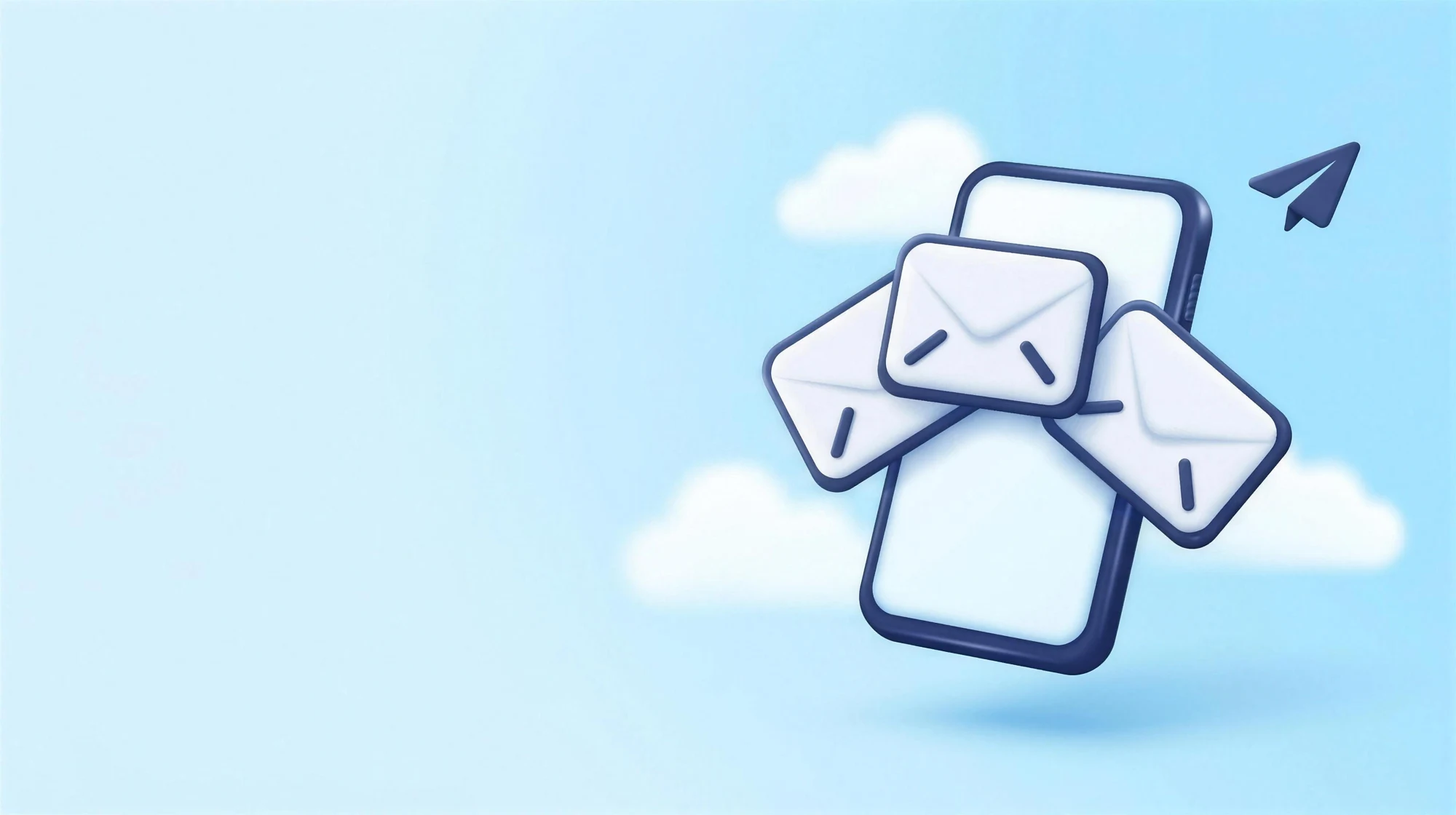 A phone surrounded by incoming envelopes against a bright blue sky.